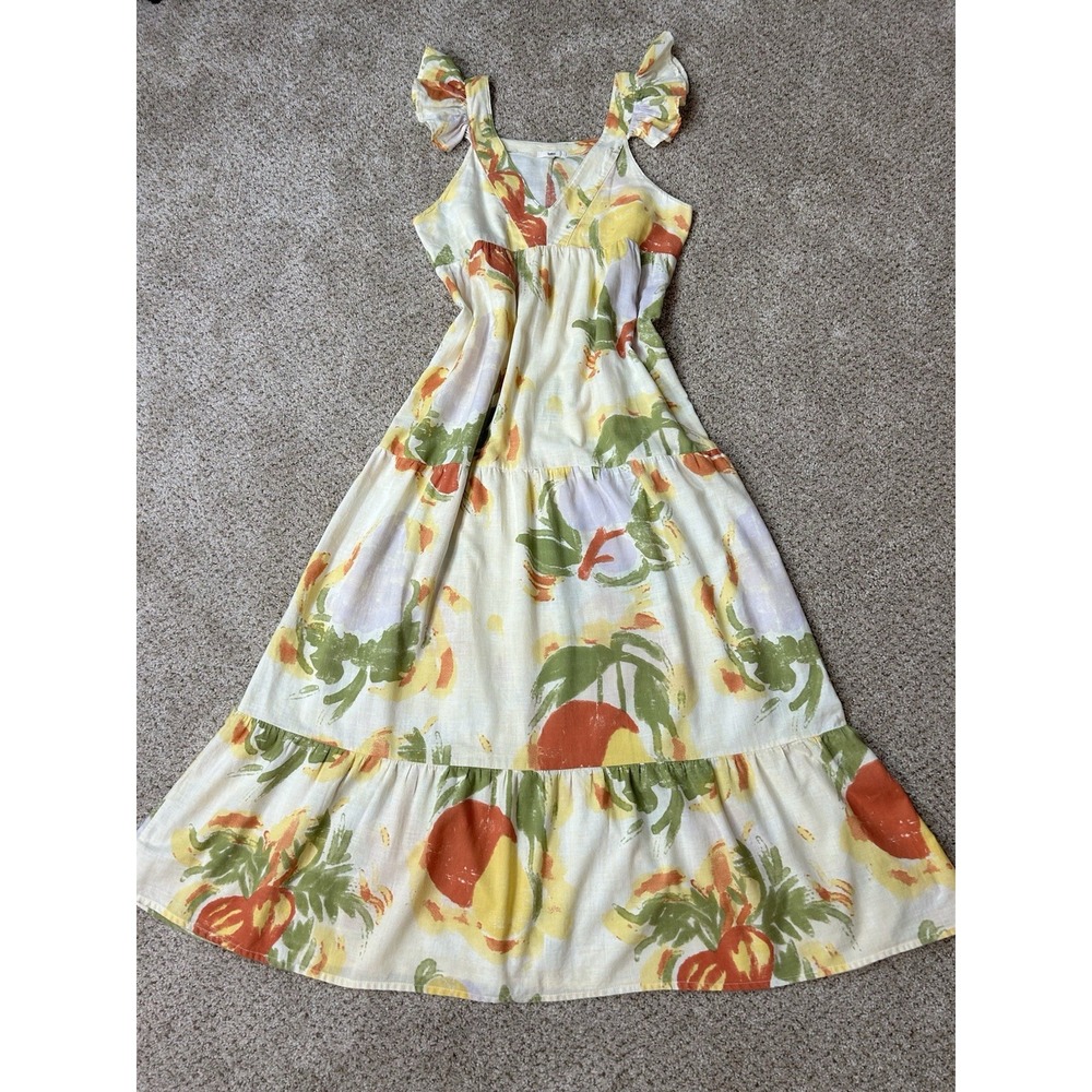 Topmark Fruit Print Sleeveless V-neck Maxi Linen Blend Dress S/M Viral Vacation